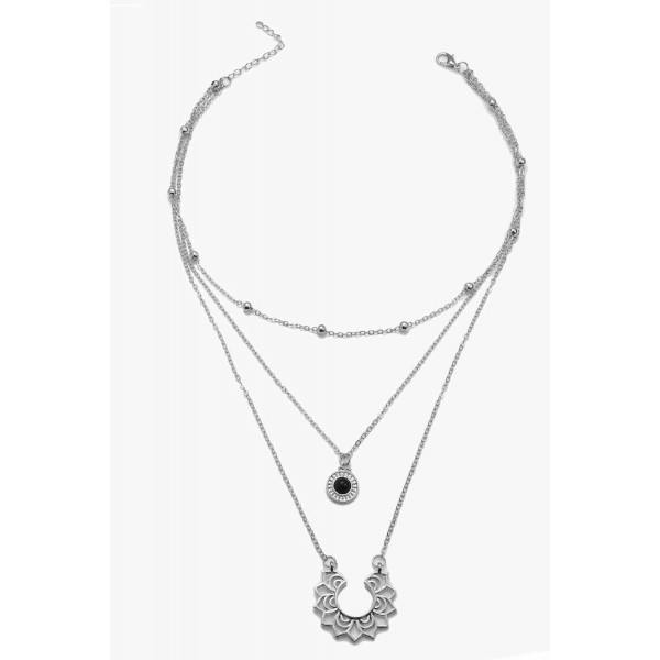 Silvery Layered Lotus Pendant Beaded Necklace