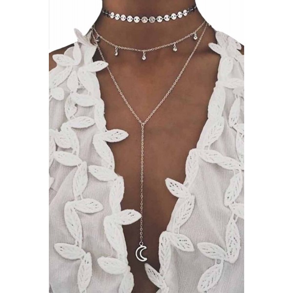 Studded Moon Pattern Link Necklace