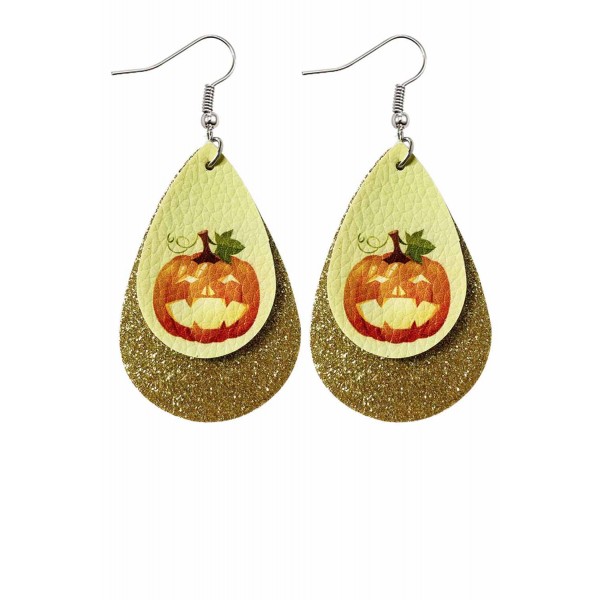 Yellow Halloween Pumpkin Print Sequins Double Earrings