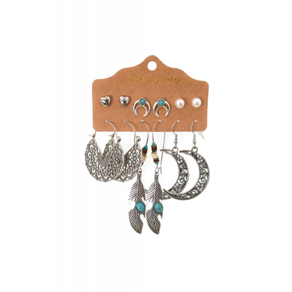 6 Sets Feather Moon Classical Earrings