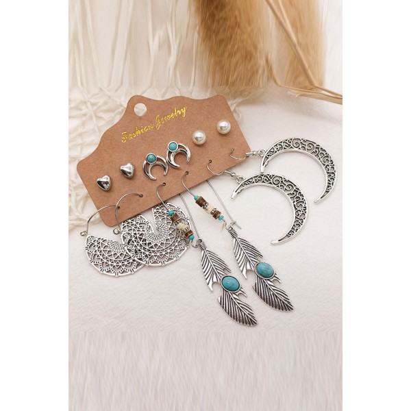6 Sets Feather Moon Classical Earrings