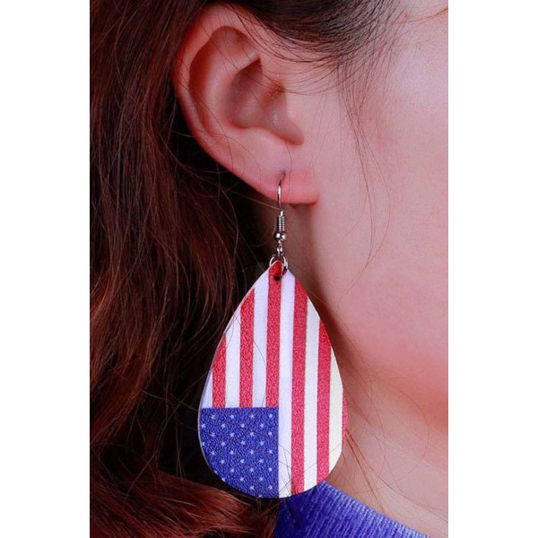 The USA Flag Print Waterdrop Double-Sided PU Leather Earrings