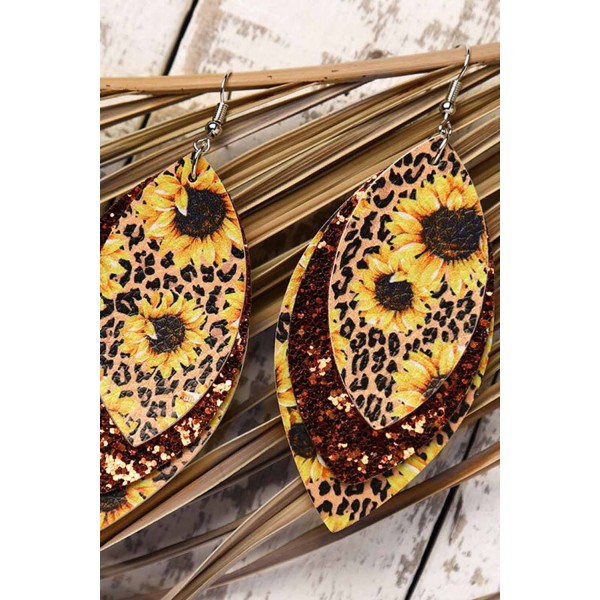 Leopard Sunflower Golden Sequined Leaf Multi-Layered Leather Earrings