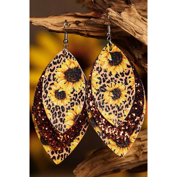 Leopard Sunflower Golden Sequined Leaf Multi-Layered Leather Earrings