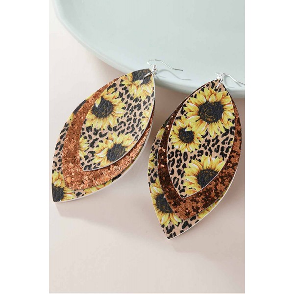 Leopard Sunflower Golden Sequined Leaf Multi-Layered Leather Earrings