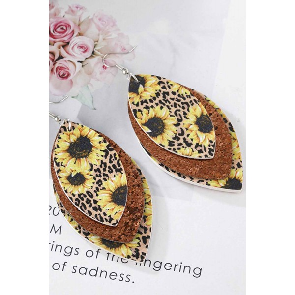 Leopard Sunflower Golden Sequined Leaf Multi-Layered Leather Earrings