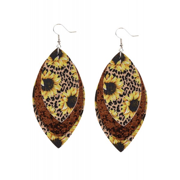 Leopard Sunflower Golden Sequined Leaf Multi-Layered Leather Earrings