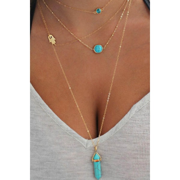 Fashion Gemstone Pendant Multi-Layered Necklace