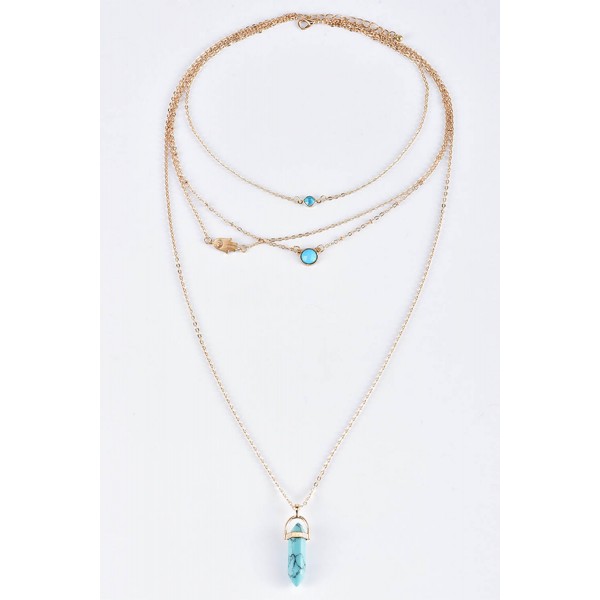 Fashion Gemstone Pendant Multi-Layered Necklace