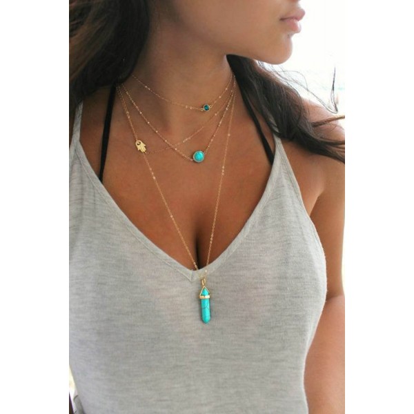 Fashion Gemstone Pendant Multi-Layered Necklace