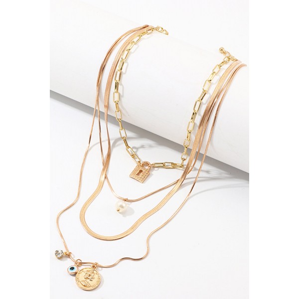 Fashion Retro Embossed Portrait Pendant Multi-layer Decorated Pearl Lock Necklace