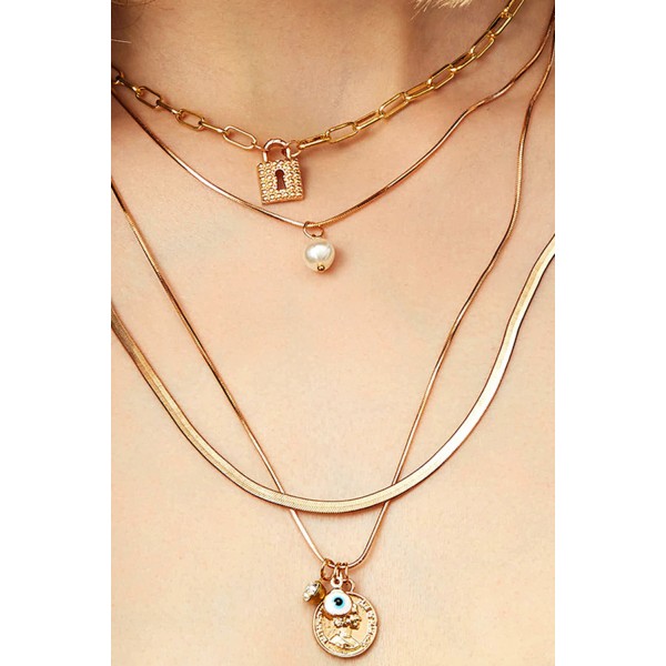 Fashion Retro Embossed Portrait Pendant Multi-layer Decorated Pearl Lock Necklace