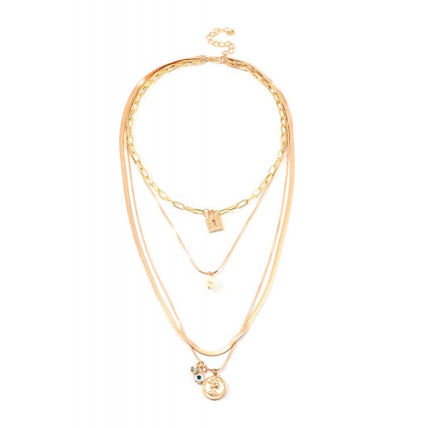 Fashion Retro Embossed Portrait Pendant Multi-layer Decorated Pearl Lock Necklace