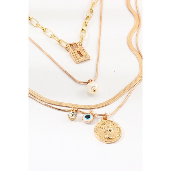 Fashion Retro Embossed Portrait Pendant Multi-layer Decorated Pearl Lock Necklace