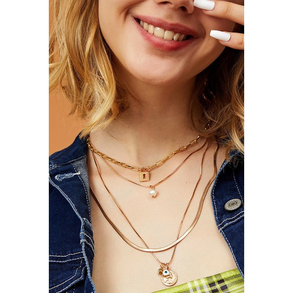 Fashion Retro Embossed Portrait Pendant Multi-layer Decorated Pearl Lock Necklace