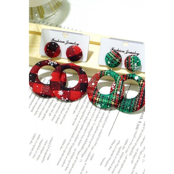 Red Plaid Texture Christmas Circle Earrings
