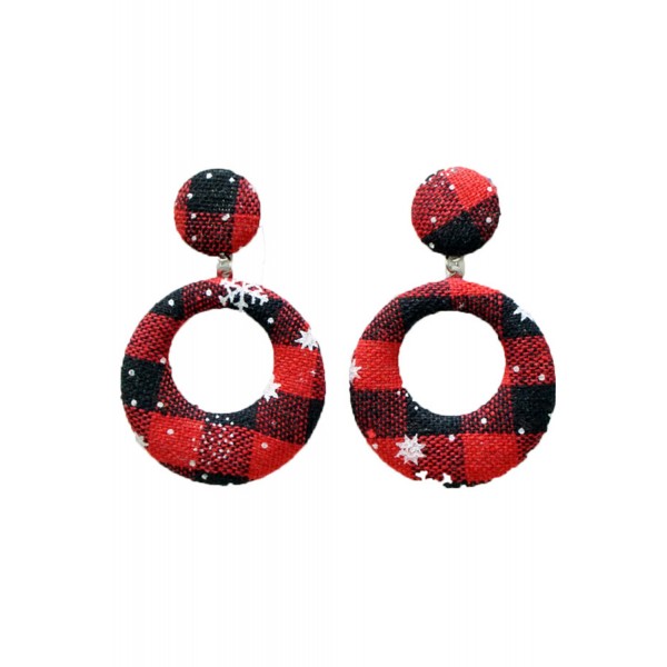 Red Plaid Texture Christmas Circle Earrings