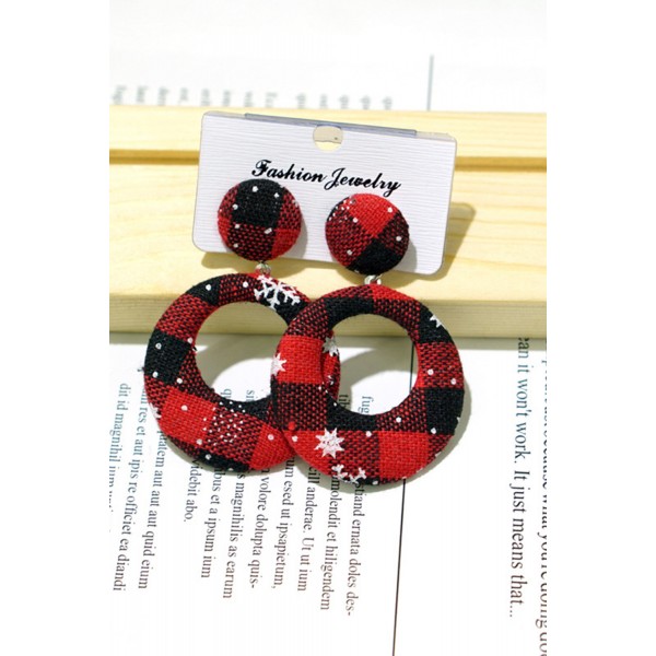 Red Plaid Texture Christmas Circle Earrings