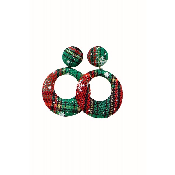 Green Plaid Texture Christmas Circle Earrings