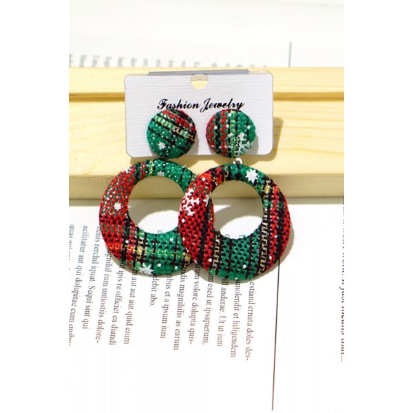 Green Plaid Texture Christmas Circle Earrings