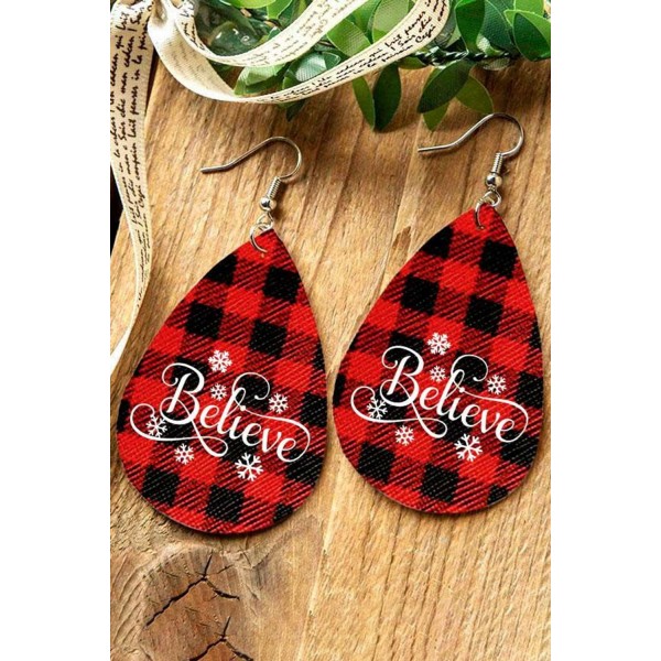 Red Christmas Buffalo Plaid Snowflake Believe Water Drop Earrings