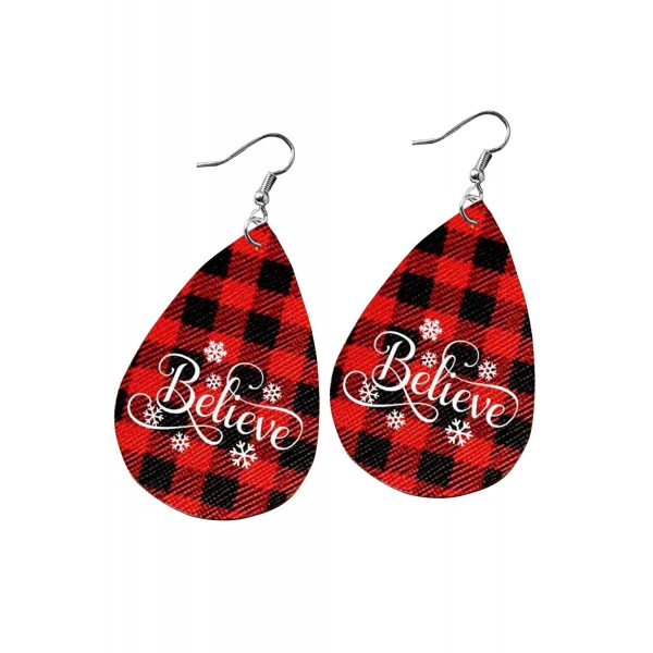 Red Christmas Buffalo Plaid Snowflake Believe Water Drop Earrings