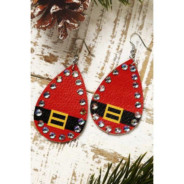 Red Christmas Rhinestone Beading Leather Earrings