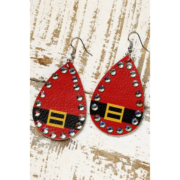 Red Christmas Rhinestone Beading Leather Earrings