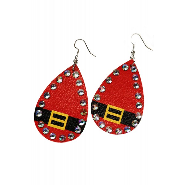 Red Christmas Rhinestone Beading Leather Earrings