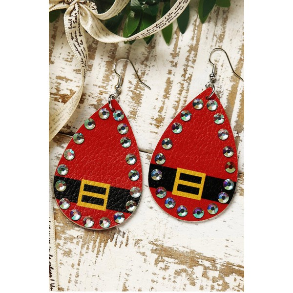 Red Christmas Rhinestone Beading Leather Earrings
