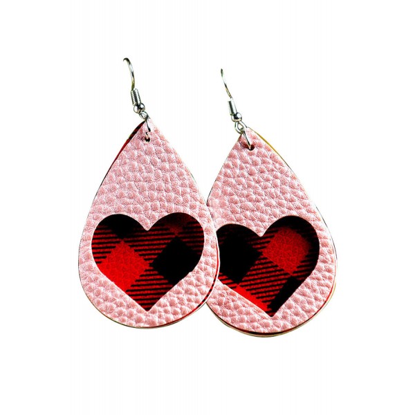 Pink Plaid Love Heart Dual-Layered PU Leather Earrings