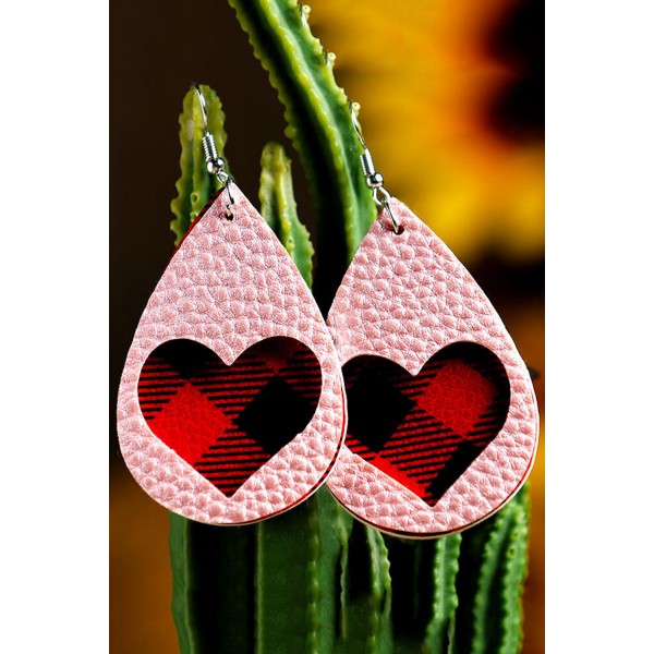 Pink Plaid Love Heart Dual-Layered PU Leather Earrings