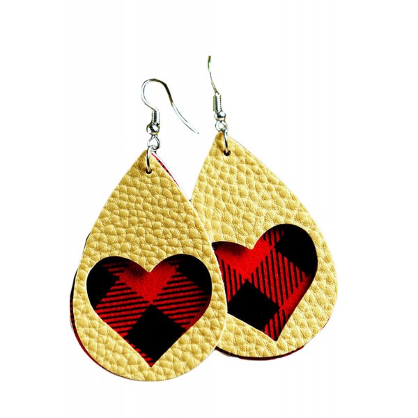 Yellow Plaid Love Heart Dual-Layered PU Leather Earrings