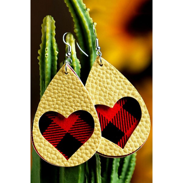 Yellow Plaid Love Heart Dual-Layered PU Leather Earrings