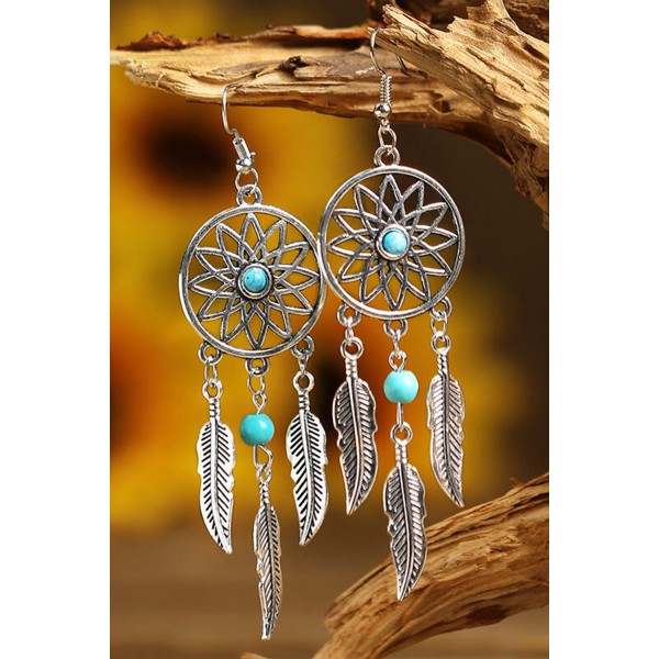 Hollow Out Turquoise Feather Pendant Earrings