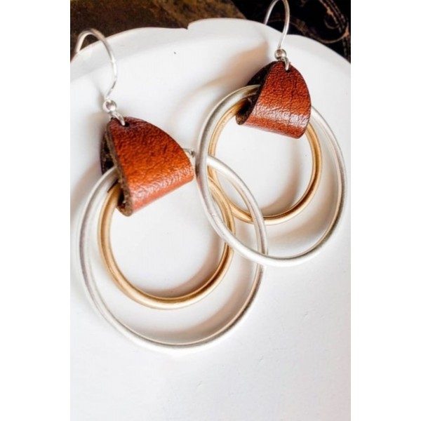Leather Accent Circles Geometric Earrings