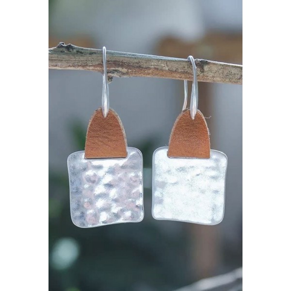 Leather Accent Silver Geometric Earrings