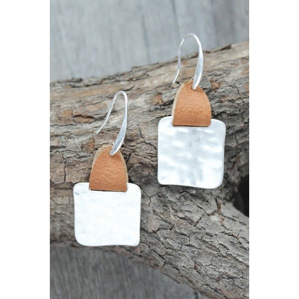 Leather Accent Silver Geometric Earrings
