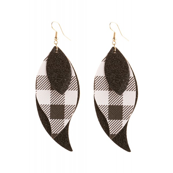 Black Plaid Shining Triple Layer Leaf  Earrings