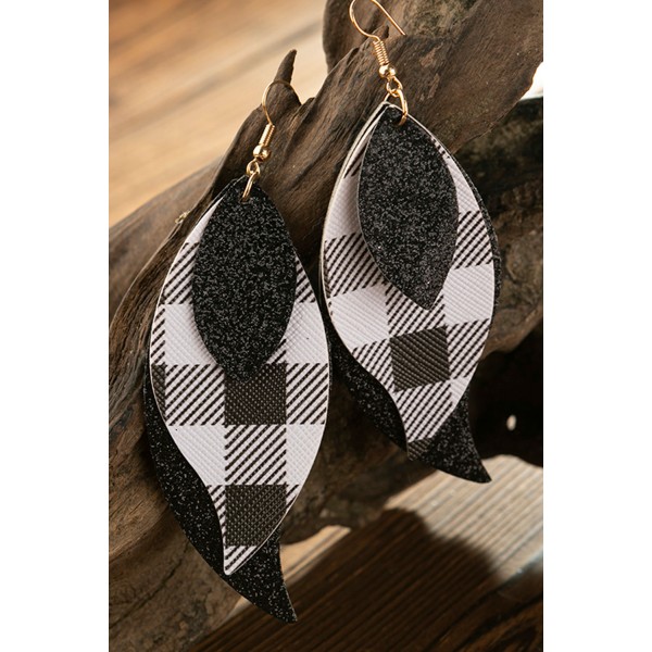 Black Plaid Shining Triple Layer Leaf  Earrings