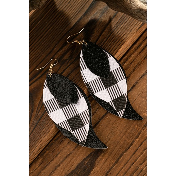 Black Plaid Shining Triple Layer Leaf  Earrings