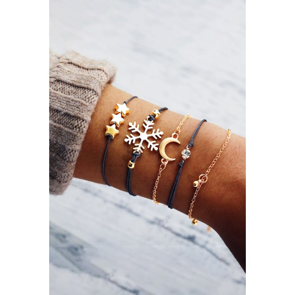 5pc Snowflake  Moon Star Black Leather Bracelet Set