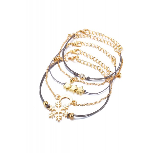 5pc Snowflake  Moon Star Black Leather Bracelet Set