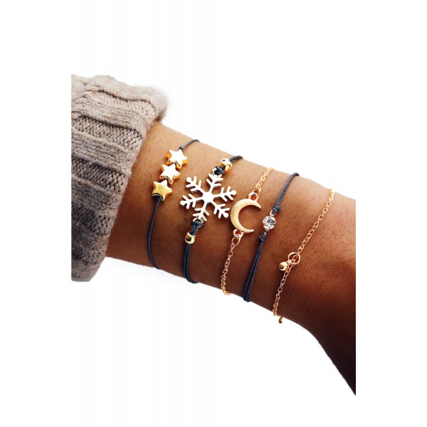 5pc Snowflake  Moon Star Black Leather Bracelet Set