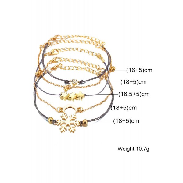 5pc Snowflake  Moon Star Black Leather Bracelet Set