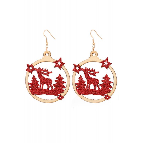 Red Christmas Tree Reindeer Star Sequined Wooded Earrings