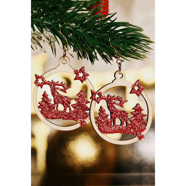 Red Christmas Tree Reindeer Star Sequined Wooded Earrings