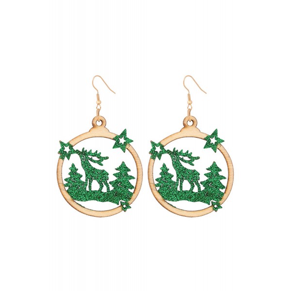 Green Christmas Tree Reindeer Star Sequined Wooded Earrings