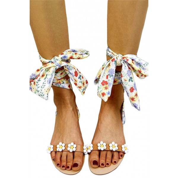 White Floral Printed Straps Open Toe Flat Sandals