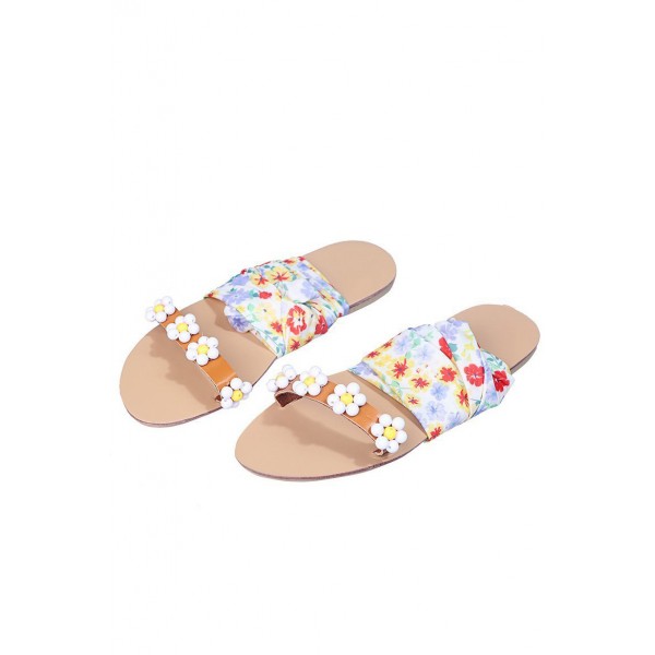 White Floral Printed Straps Open Toe Flat Sandals